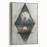 Framed minimalist abstract wall art with a silver frame, showcasing geometric shapes and soft color tones, ideal for modern home decor or office spaces.