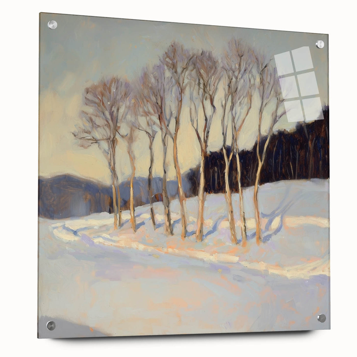 Abstract floral design on an acrylic glass artwork, showcasing vibrant colors and intricate patterns, displayed from a side view with visible mounting pins for easy installation.