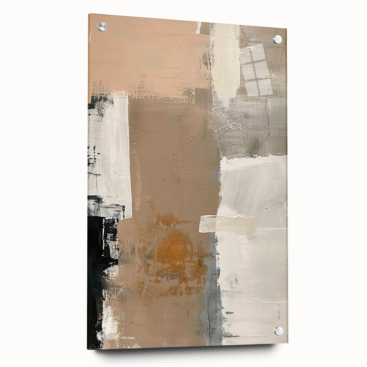 Abstract minimalist wall art displayed in a side view, featuring vibrant colors and geometric shapes, mounted with pins on a clean white wall, ideal for modern décor.