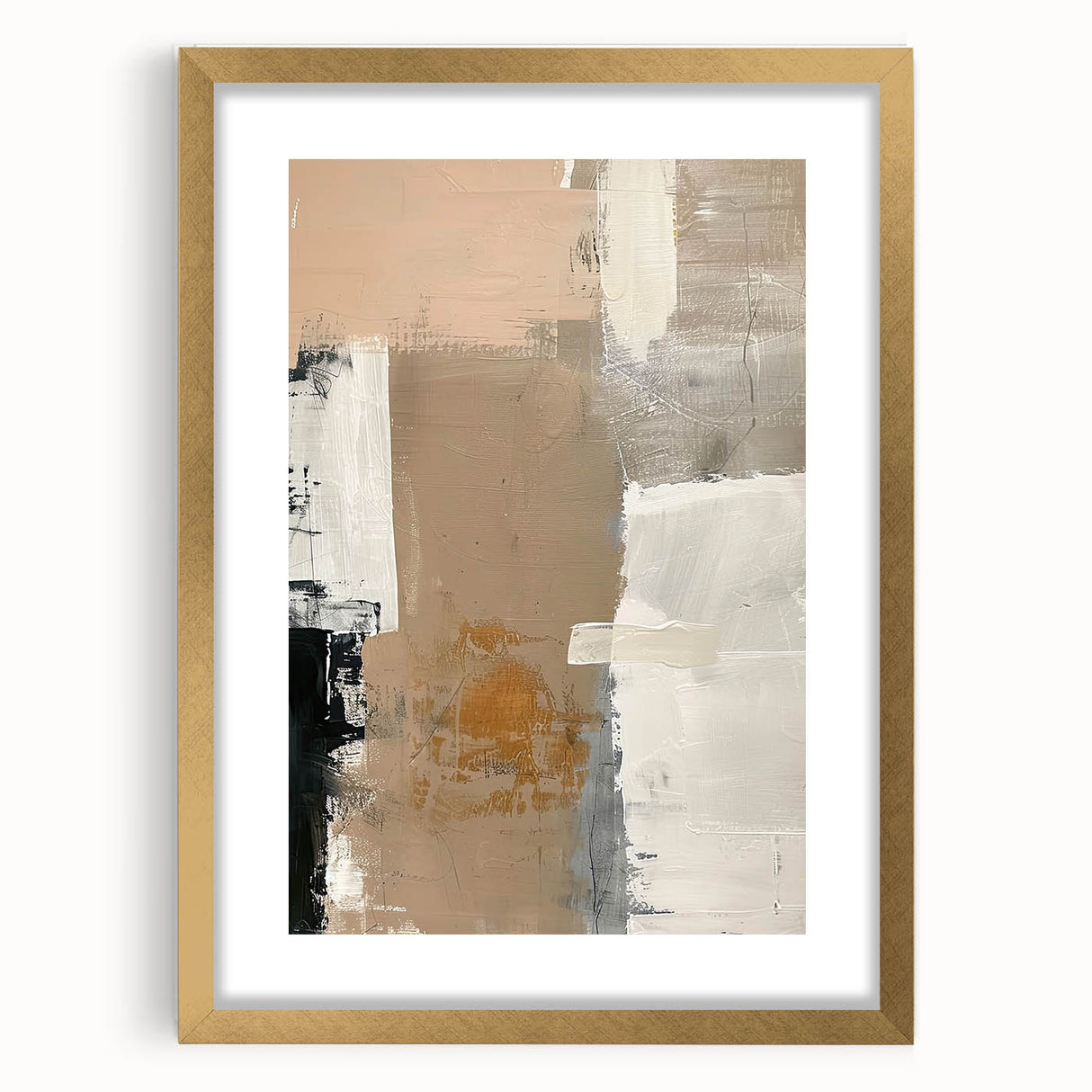 Abstract minimalist wall art featuring a gold-framed design with a mat, showcasing elegant geometric shapes on a light background, perfect for modern home decor.