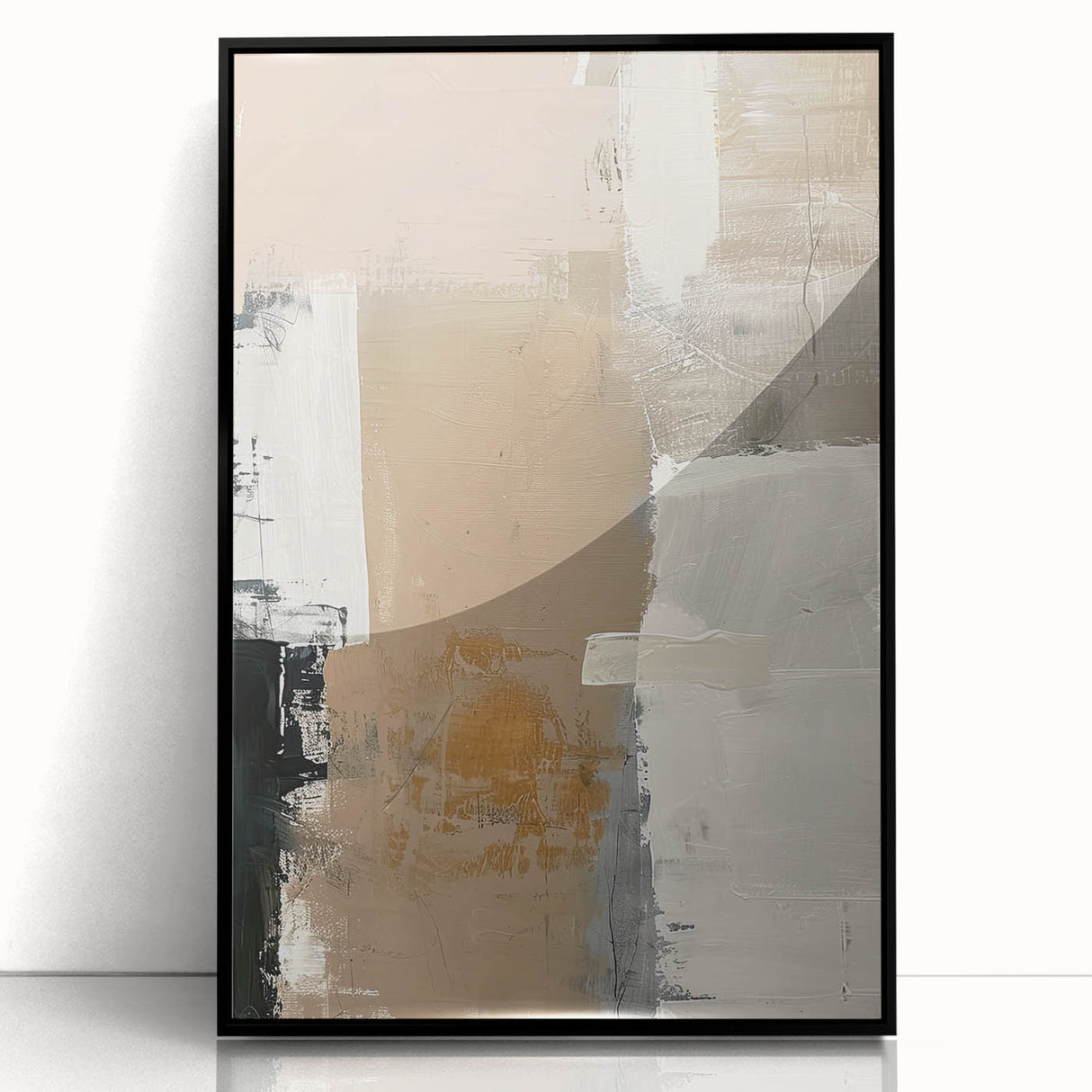 Framed minimalist abstract wall art with a black acrylic front, showcasing sleek geometric shapes and a modern aesthetic, perfect for contemporary home decor.