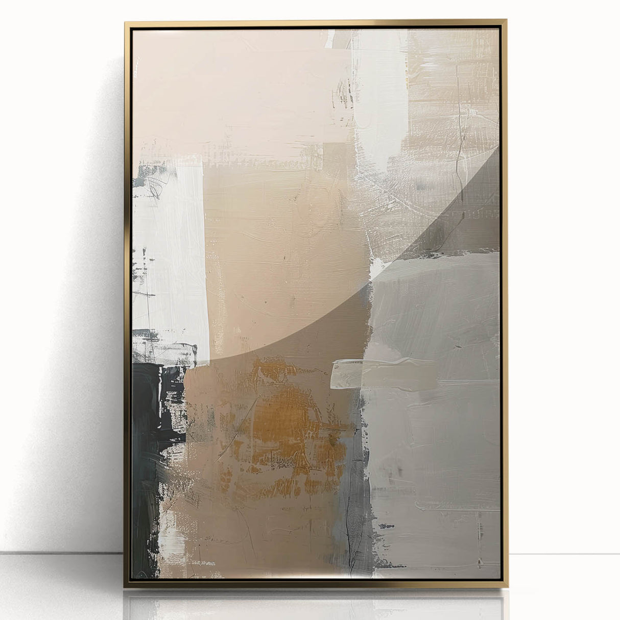 Framed abstract minimalist wall art featuring gold accents on a sleek acrylic background, ideal for modern home decor and enhancing contemporary interiors.