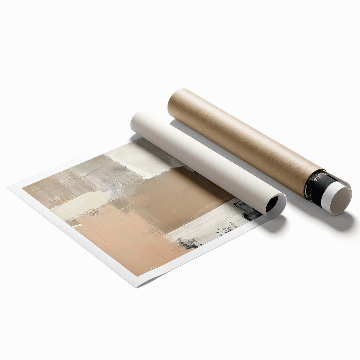 Abstract minimalist wall art print featuring soft pastel colors and geometric shapes, rolled up for shipping in a durable cardboard tube, ideal for modern decor.