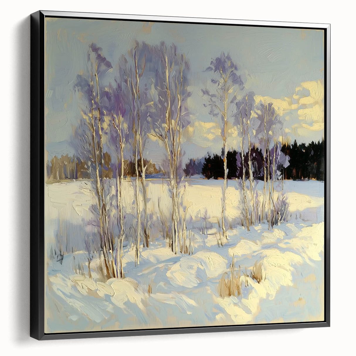 Framed canvas artwork showcasing abstract floral designs in vibrant colors, viewed from the side, featuring a sleek black frame, ideal for modern home decor.