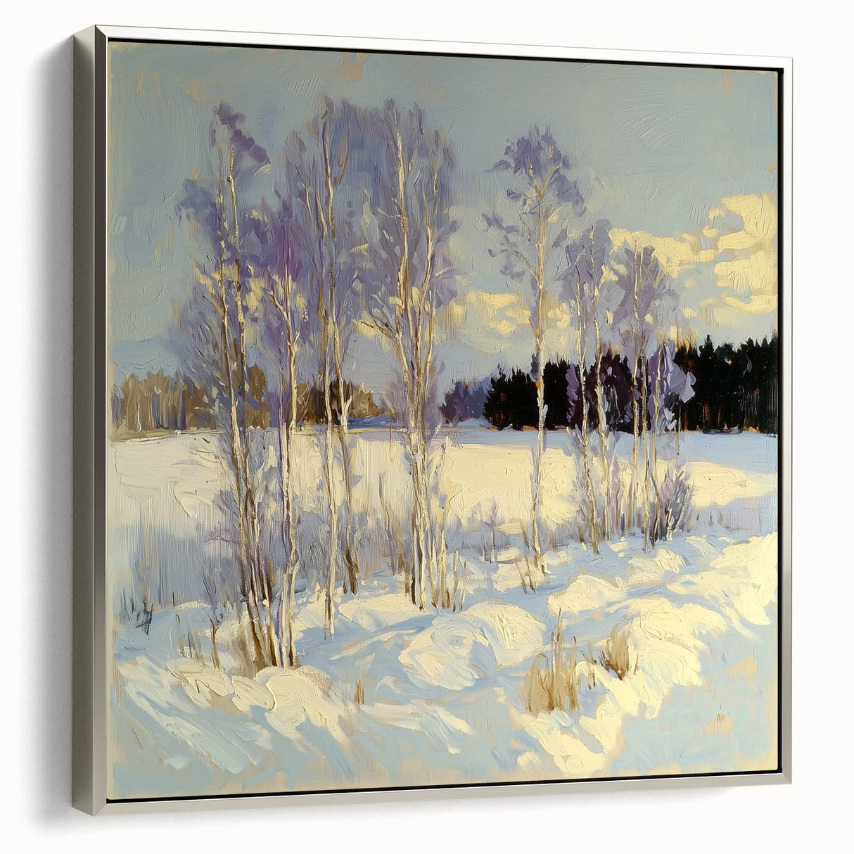 Framed canvas artwork showcasing abstract floral designs in vibrant colors, set in a sleek silver frame, ideal for modern home decor.
