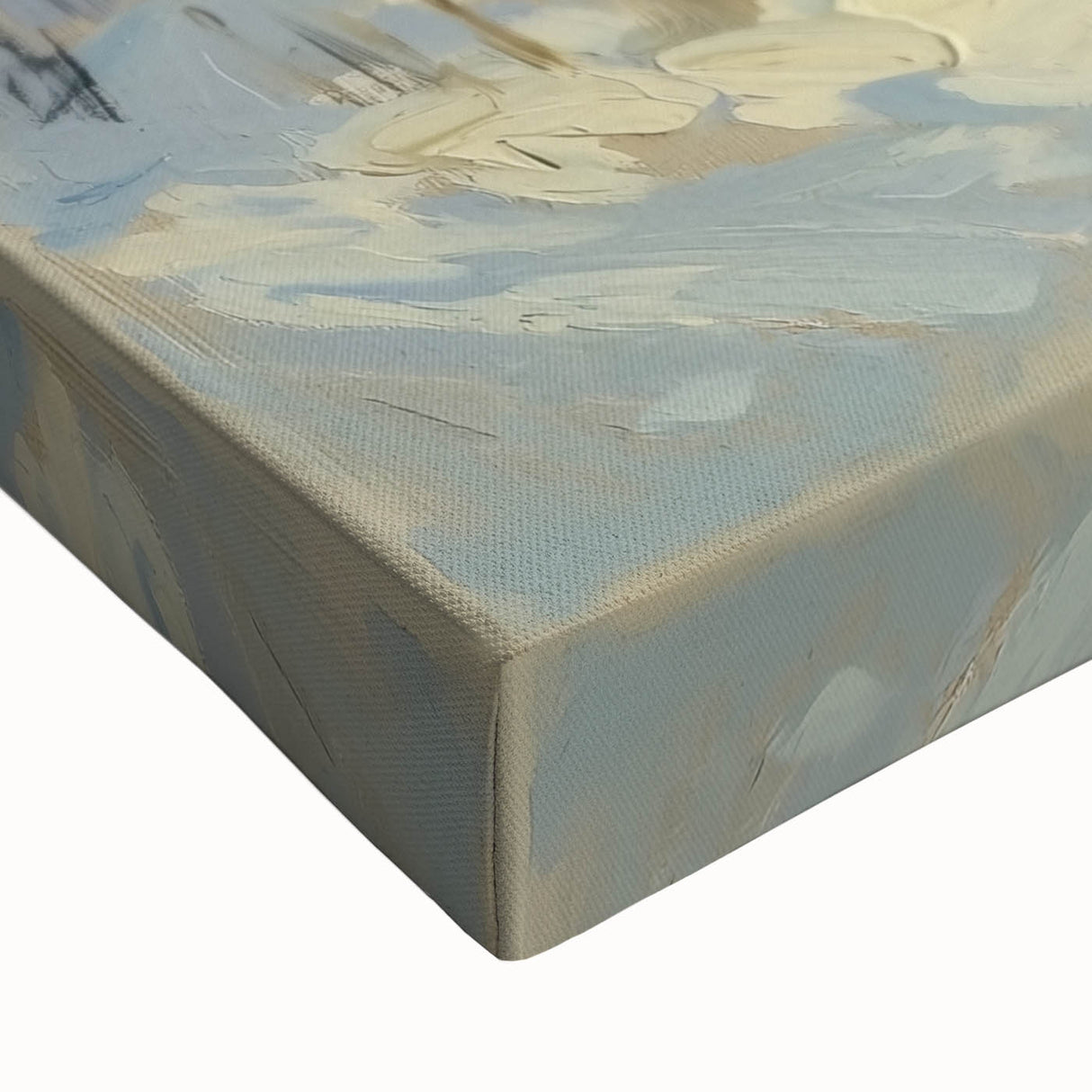 Close-up of an abstract floral stretched canvas artwork showcasing vibrant colors and intricate details, perfect for modern home decor or art enthusiasts.