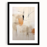 Abstract minimalist wall art framed in black, featuring geometric shapes and soft neutral tones, designed to enhance modern interior decor.