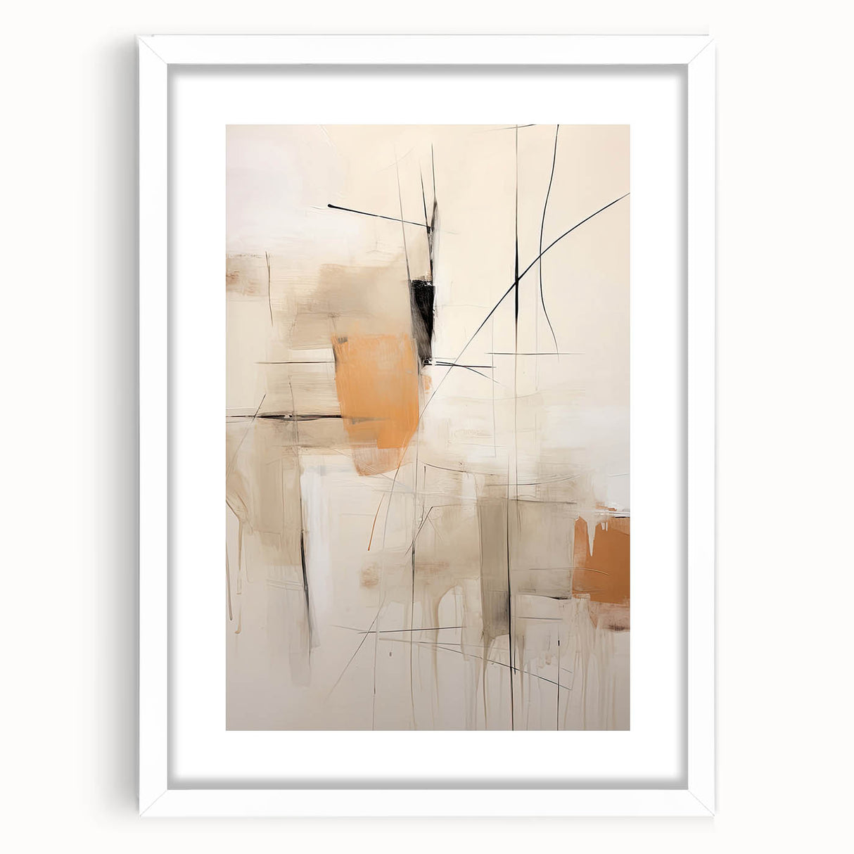 Abstract minimalist wall art framed with a white mat, showcasing geometric shapes and soft pastel colors, perfect for modern home decor.