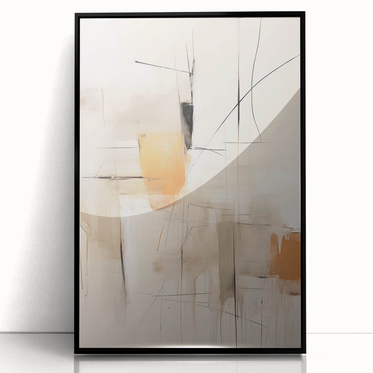 Minimalist framed wall art featuring an abstract design with bold black shapes and clean lines, set against a crisp white background, perfect for modern decor.