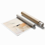 Abstract minimalist wall art print featuring soft pastel colors and geometric shapes, rolled and packaged in a protective cardboard tube for easy shipping.