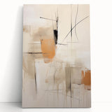 Abstract minimalist wall art on stretched canvas, showcasing soft earth tones and geometric shapes, leaning against a neutral-toned wall, ideal for modern home decor.
