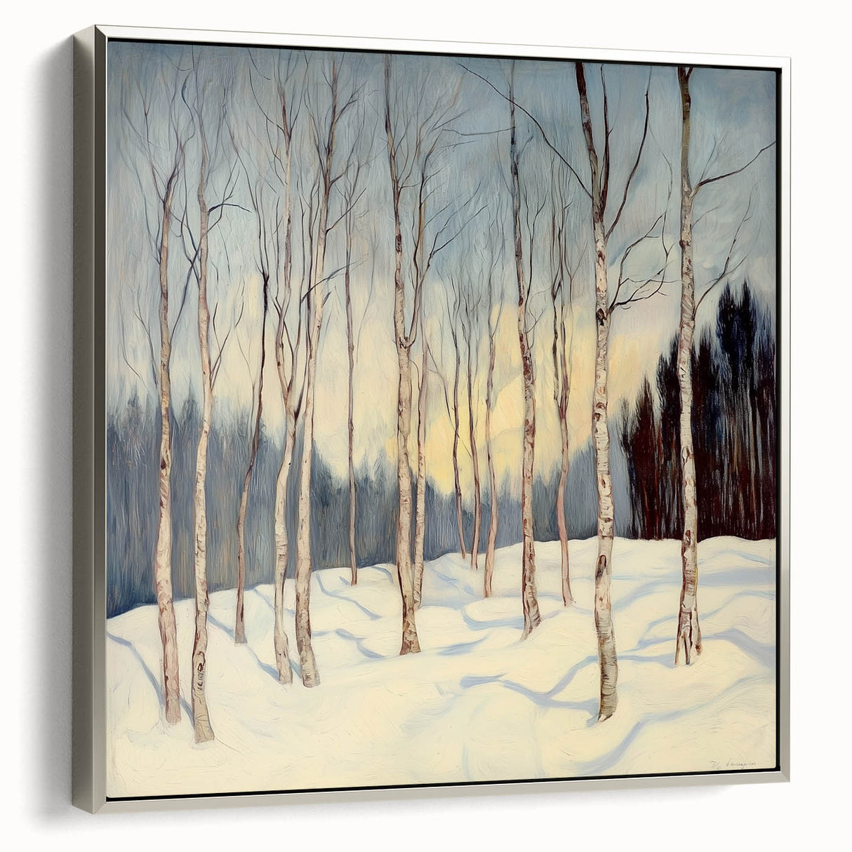 Framed canvas artwork showcasing an abstract floral design with vibrant colors and a silver frame, positioned at a slight angle to highlight its depth and texture.
