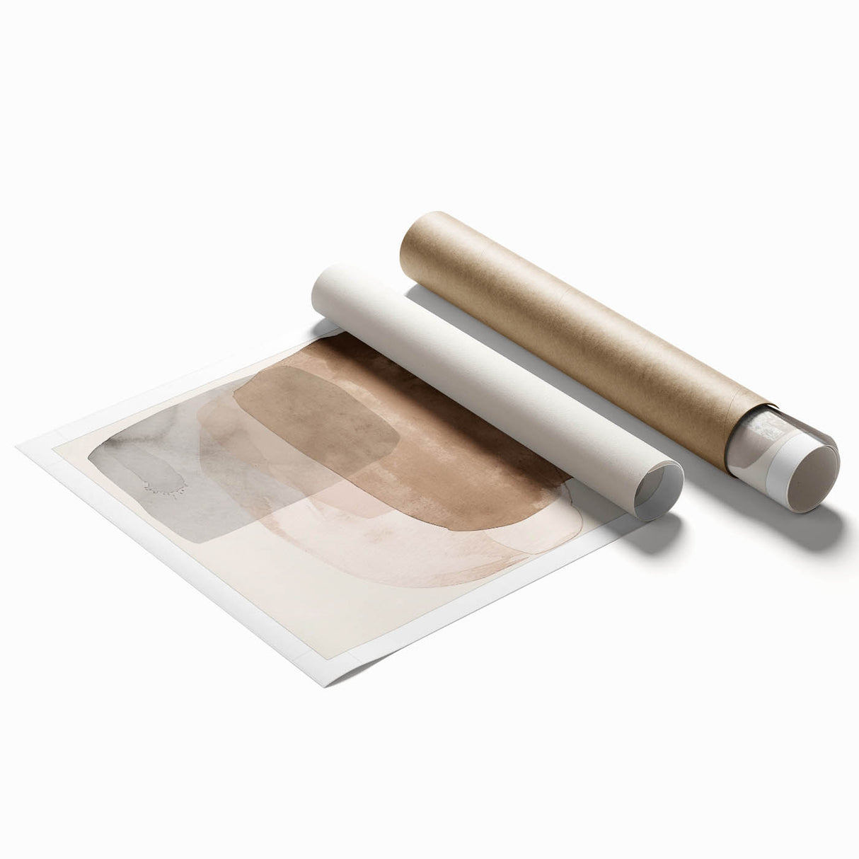 Abstract minimalist wall art print featuring soft pastel colors and geometric shapes, elegantly rolled and packaged in a protective tube for easy display.