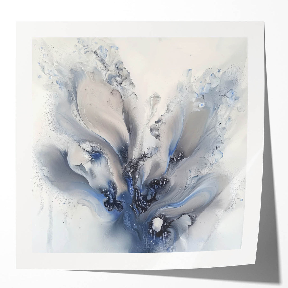 Abstract floral art print featuring vibrant colors and intricate designs, elegantly displayed on a glossy surface, perfect for modern home decor. This artwork brings a lively touch to any room, ideal for art enthusiasts seeking unique wall accents.
