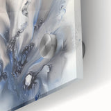 Close-up of an abstract floral design on acrylic glass, showcasing vibrant colors of blue, pink, and green, perfect for modern home decor.