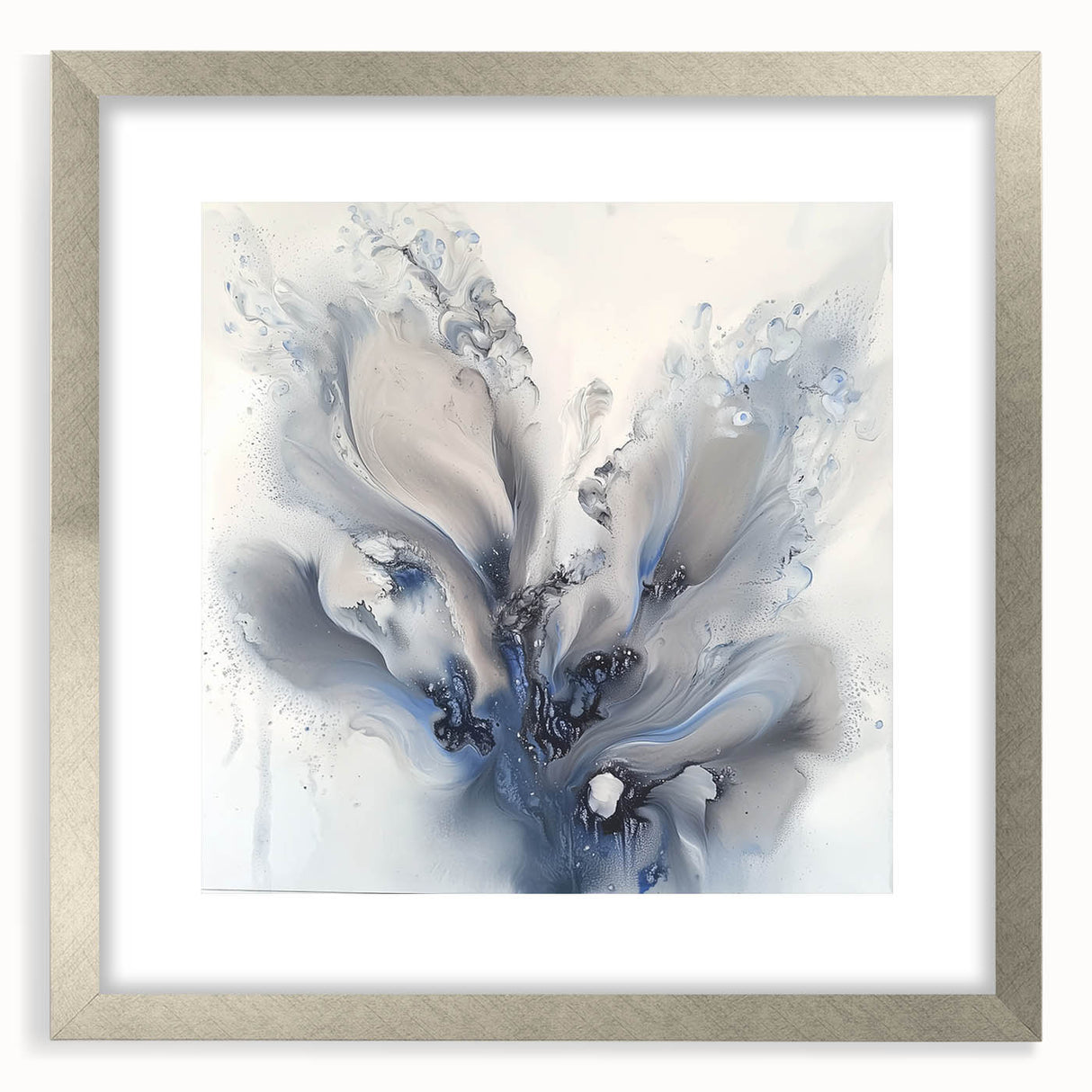 Elegant abstract floral frame with a silver mat, showcasing vibrant colors and intricate designs, perfect for enhancing home decor or art collections.