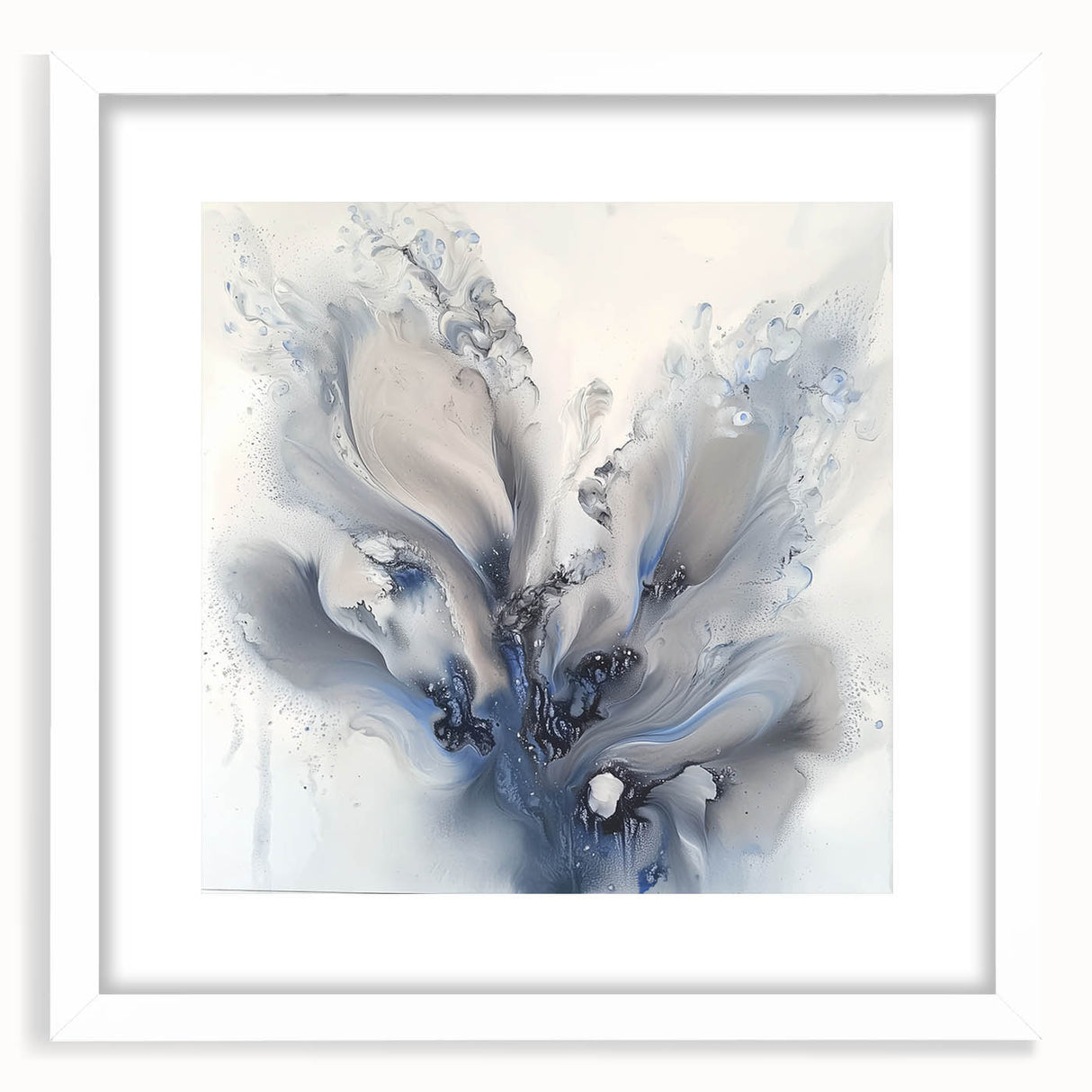 Abstract floral frame artwork with a white mat, showcasing vibrant colors and intricate patterns, perfect for home decor or gallery display. Ideal for adding a modern touch to any interior.