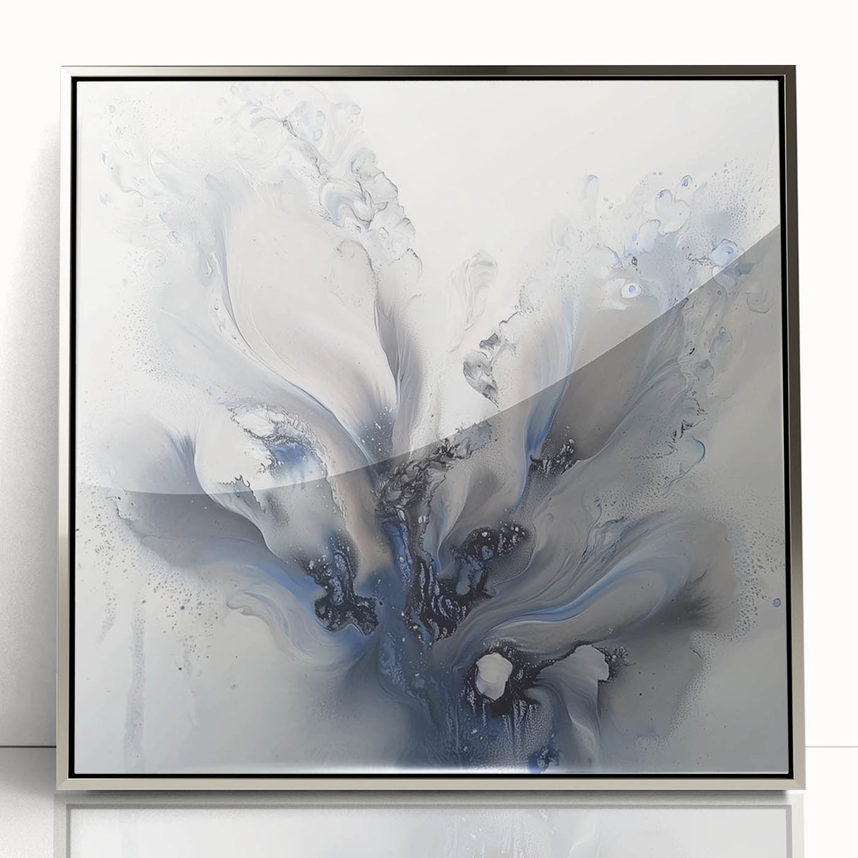 Framed acrylic artwork showcasing an abstract floral design in vibrant colors, set against a sleek silver frame, ideal for modern home decor.