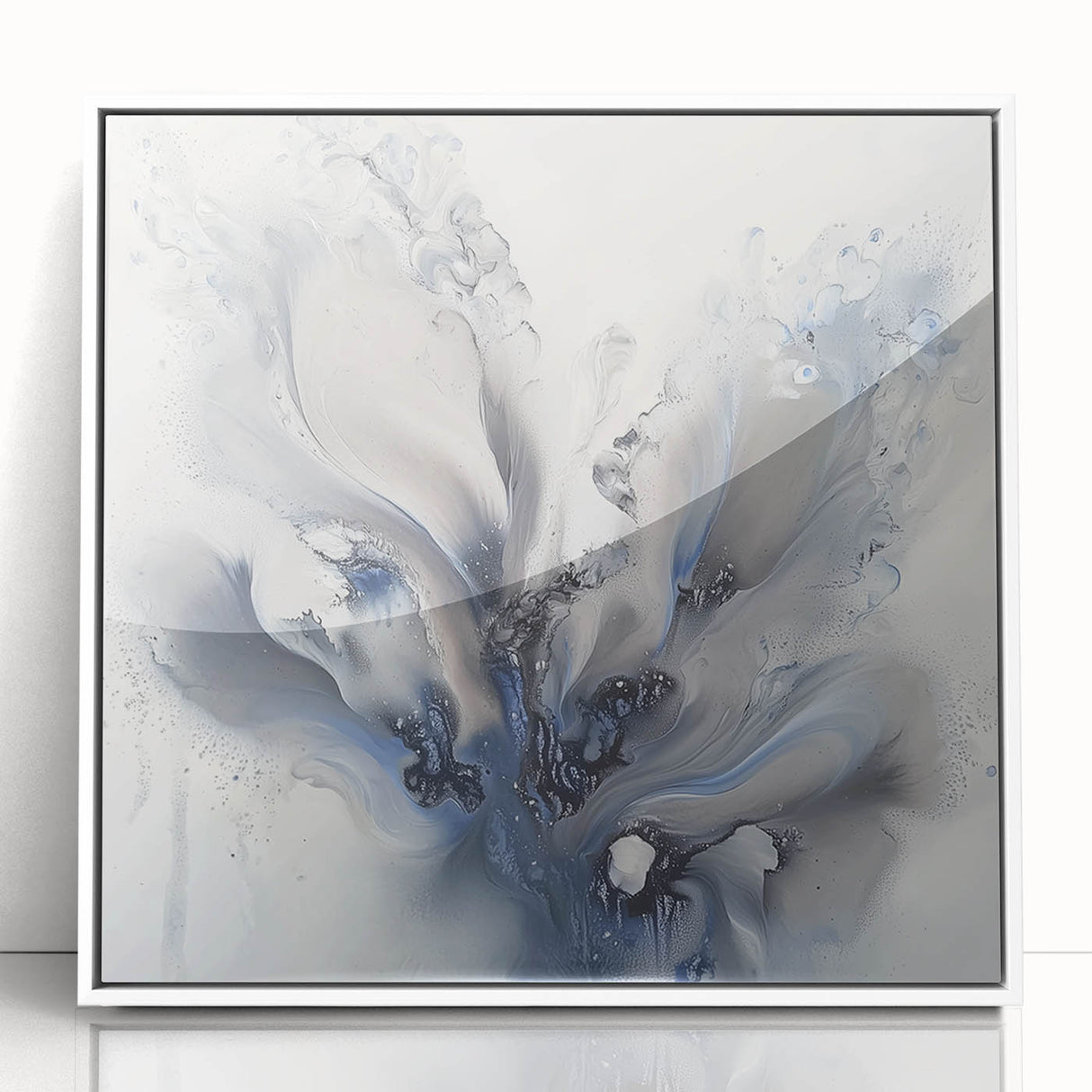 Framed acrylic artwork showcasing vibrant abstract florals in shades of pink, blue, and green, set against a sleek white background, perfect for modern home decor.