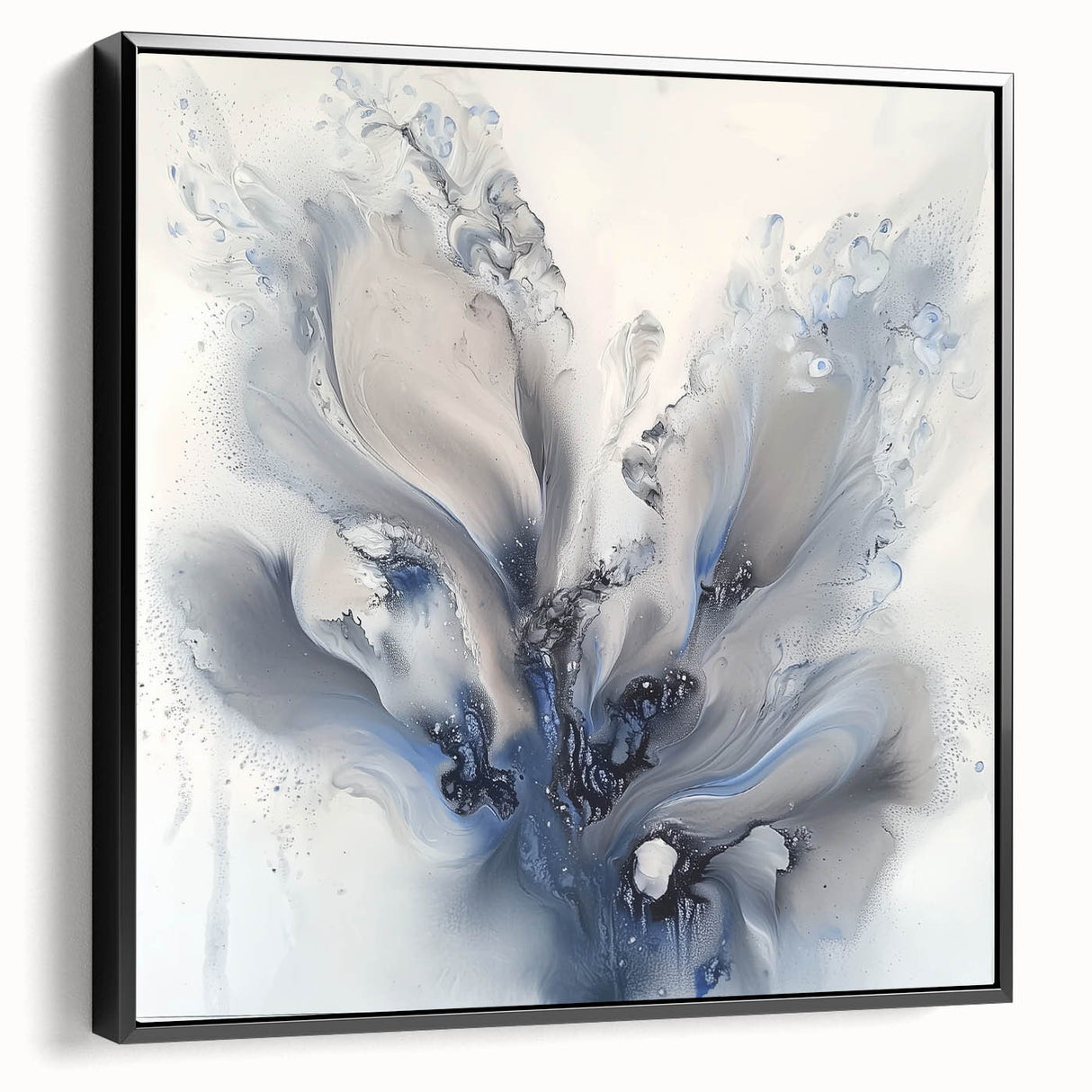 Framed black canvas showcasing an abstract floral design with vibrant colors and intricate patterns, perfect for modern home decor and wall art enthusiasts.