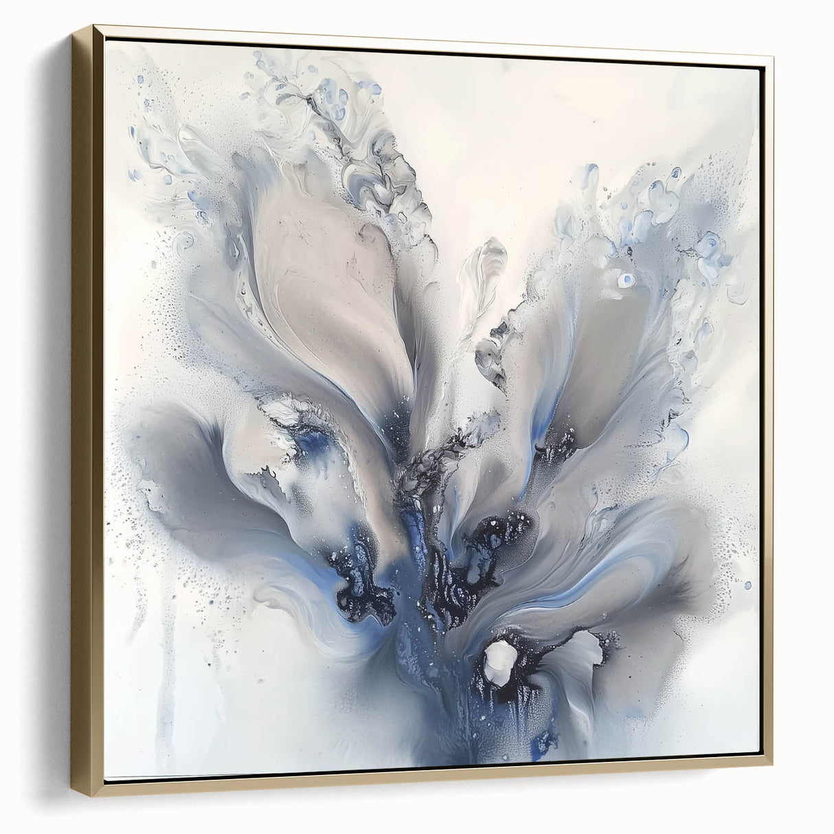 Framed canvas art featuring an abstract floral design in silver and gold tones, set against a modern background, perfect for contemporary home decor.