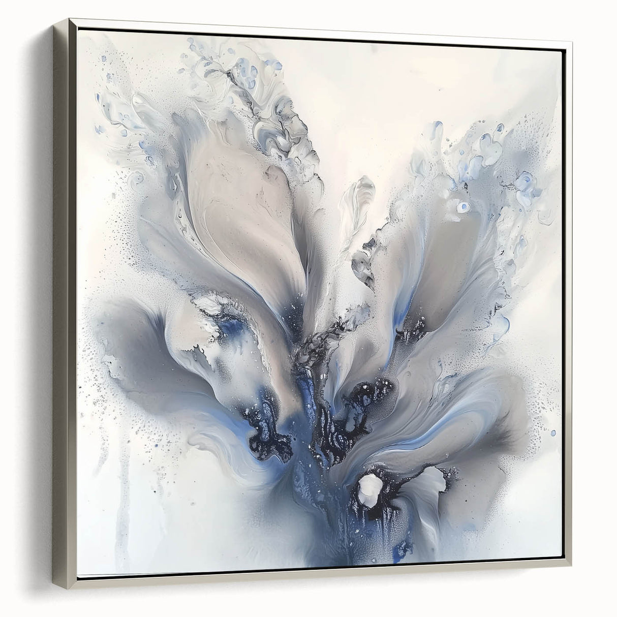 Framed canvas artwork displaying abstract floral designs in vibrant colors with a sleek silver frame, perfect for modern home decor. Ideal for adding a touch of elegance to any living space.