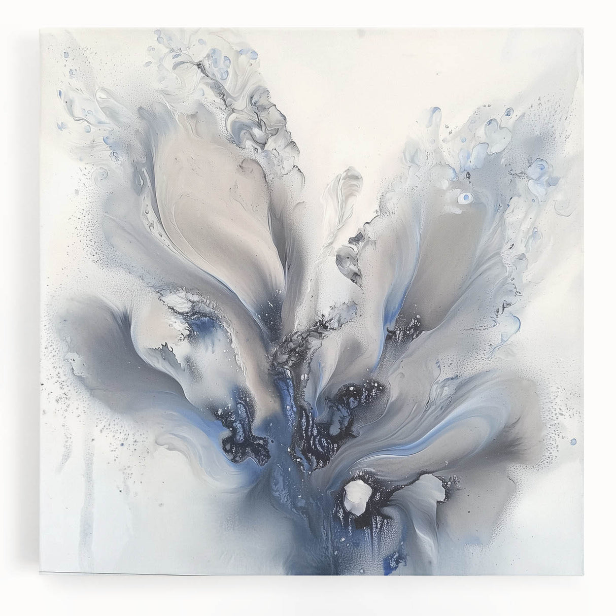 Vibrant abstract floral stretched canvas artwork in hues of blue, pink, and green, showcasing intricate designs that enhance modern home decor. Ideal for adding a touch of elegance to living spaces.