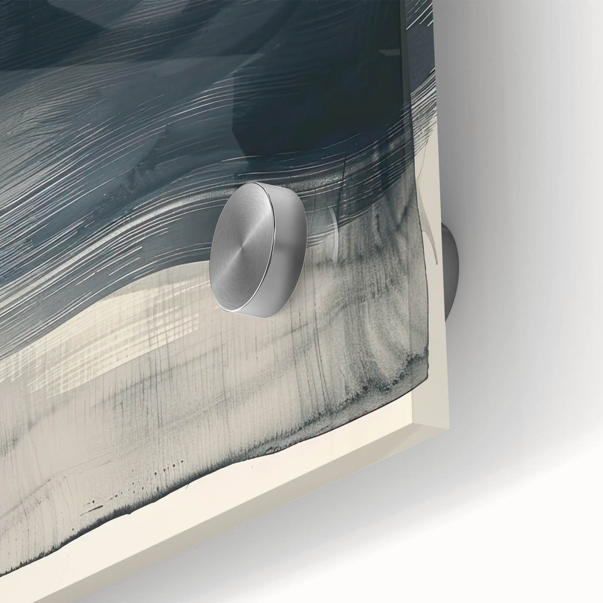Close-up of abstract minimalist wall art featuring fluid shapes in soft pastel colors, displayed on clear acrylic glass, showcasing modern design aesthetics for stylish interiors.