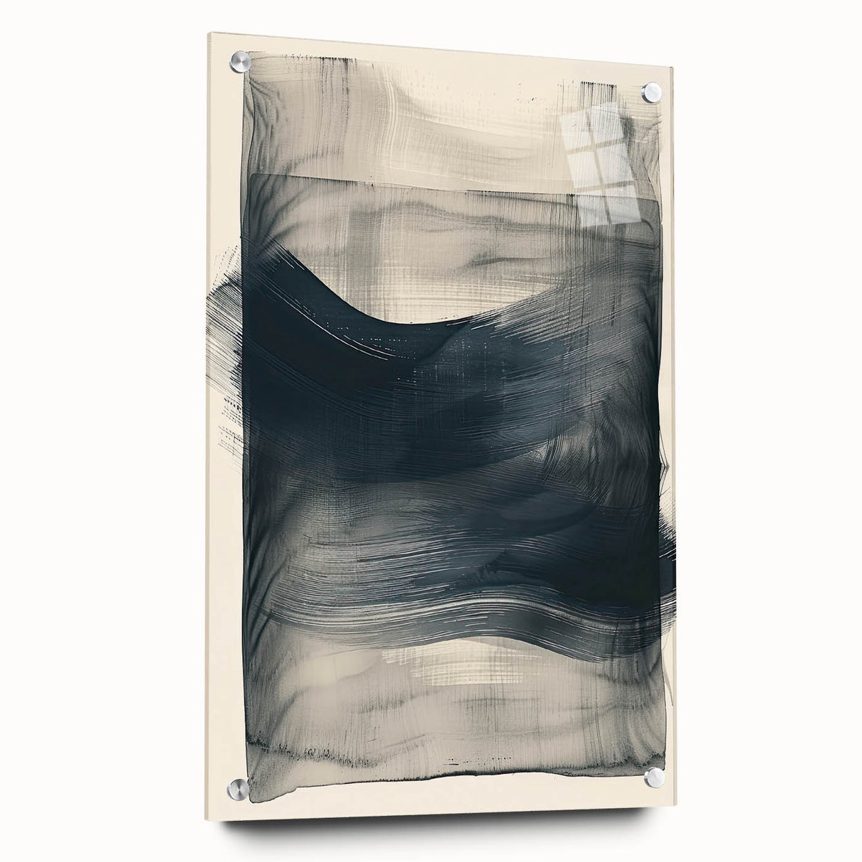 Abstract minimalist wall art displayed in a side view, featuring vibrant colors and geometric shapes, mounted with pins on a sleek acrylic glass panel, ideal for modern decor.