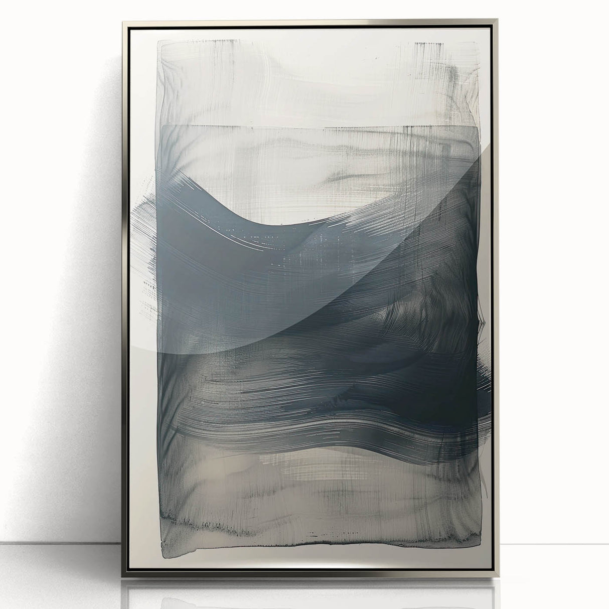 Framed abstract minimalist wall art in silver acrylic, showcasing geometric shapes and soft colors, perfect for modern home decor or office spaces.