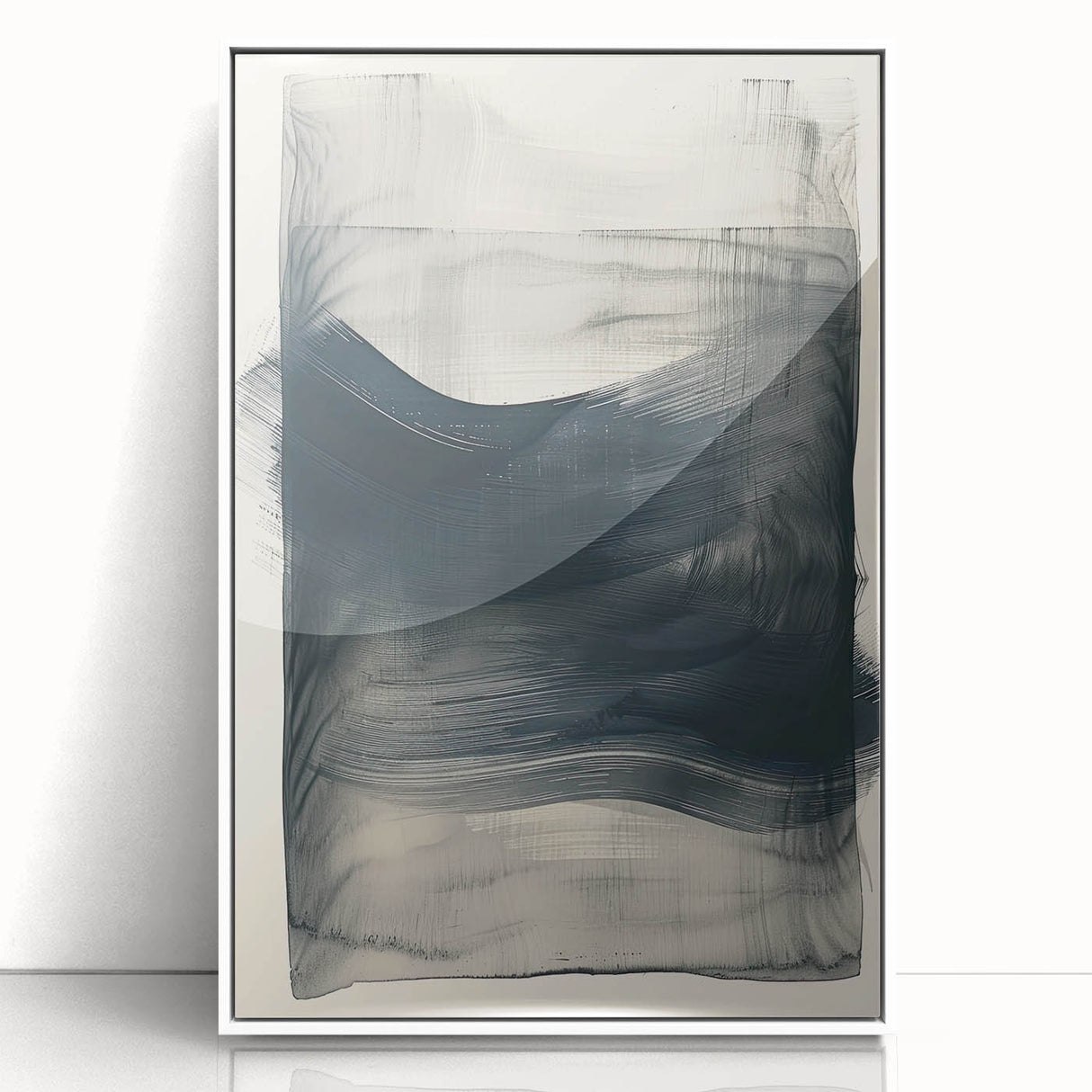 Abstract minimalist wall art framed in white acrylic, showcasing geometric patterns and soothing neutral tones, perfect for modern home decor.