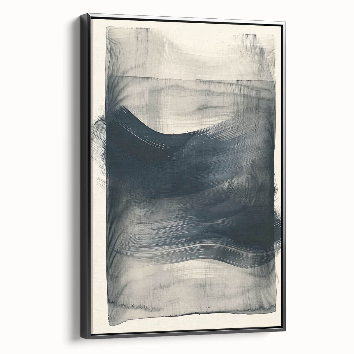 Framed minimalist abstract wall art in black, showcasing a sleek side view with clean lines and a modern aesthetic, perfect for contemporary interior decor.