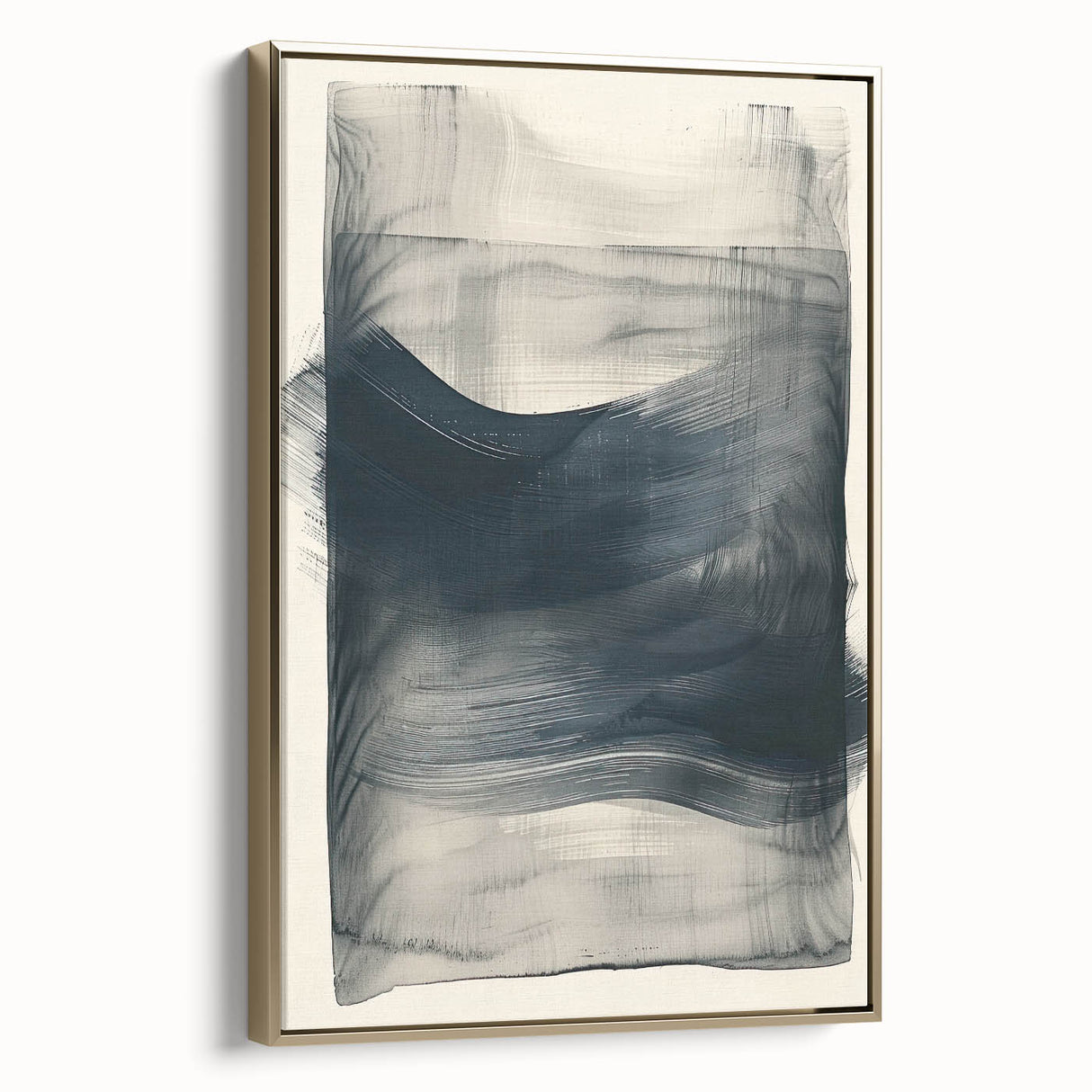 Framed abstract minimalist wall art showcasing a gold color palette, featuring a sleek design with clean lines, displayed from a side view against a neutral background. Perfect for modern home decor.