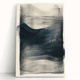 Abstract minimalist wall art featuring soft pastel colors and geometric shapes on a stretched canvas, leaning against a light-colored wall, perfect for modern decor.