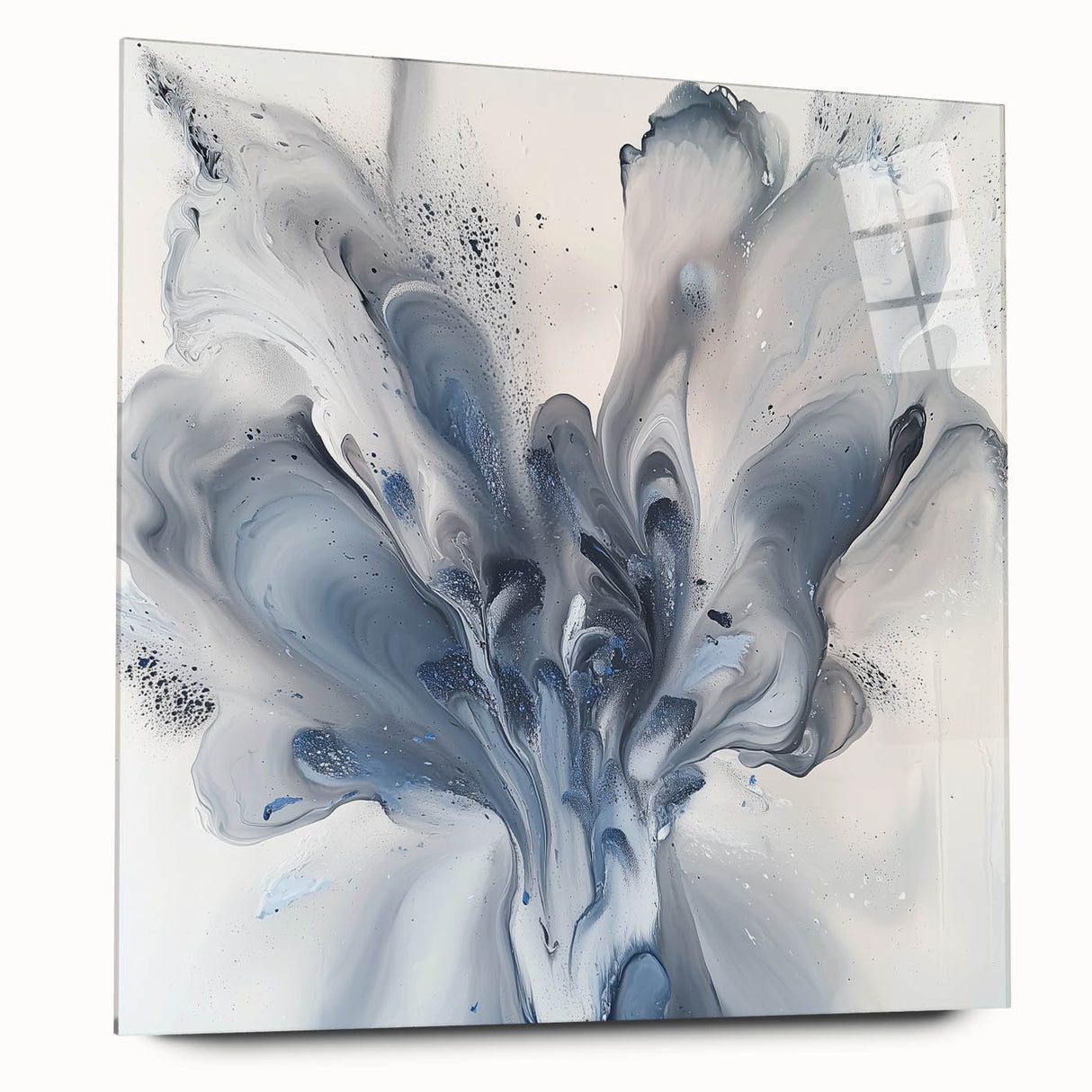 Abstract floral acrylic artwork displayed in a glass frame, showcasing vibrant colors and intricate details. The side view highlights the modern design, perfect for enhancing contemporary interiors.