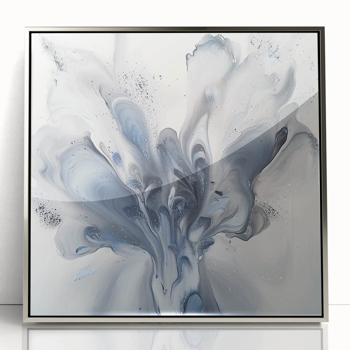 Framed acrylic artwork showcasing vibrant abstract floral designs in silver tones, adding a modern touch to home decor. Ideal for enhancing living spaces.