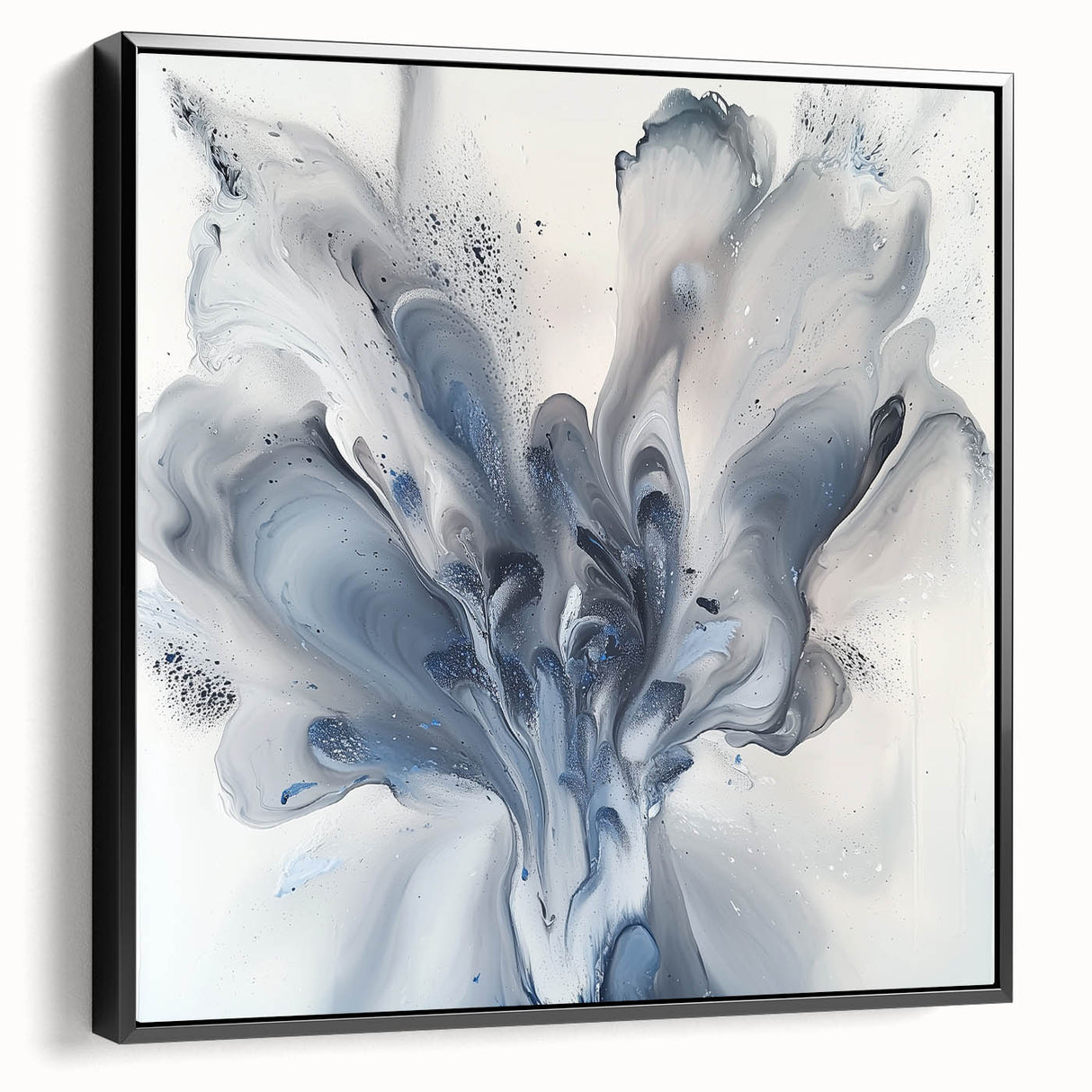 Framed canvas artwork showcasing an abstract floral design with vibrant colors and intricate details, featuring a sleek black frame. Ideal for modern home decor.