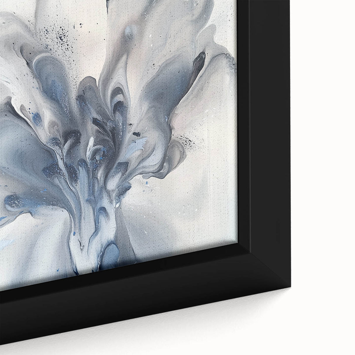 Close-up view of a framed canvas featuring vibrant abstract floral designs in shades of pink, blue, and green, showcasing intricate textures and artistic detail. Perfect for modern home decor, this artwork adds a splash of color and elegance to any room.
