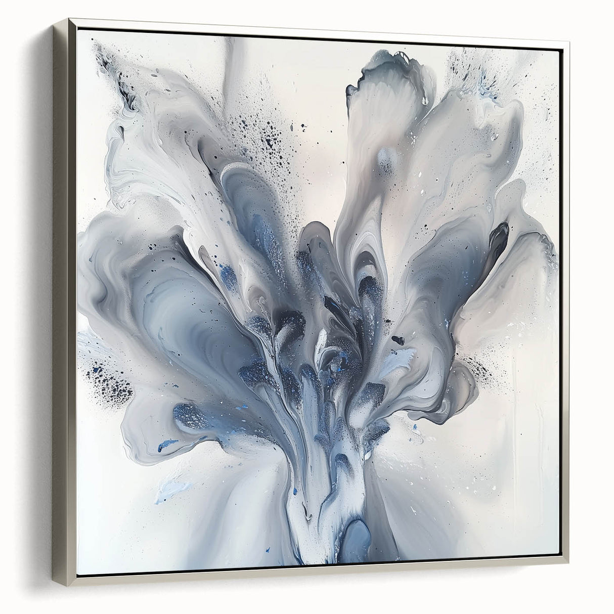 Framed canvas artwork showcasing an abstract floral design with vibrant colors and a silver frame, displayed in a side view to highlight its elegant finish. Perfect for home decor enthusiasts seeking a modern touch.
