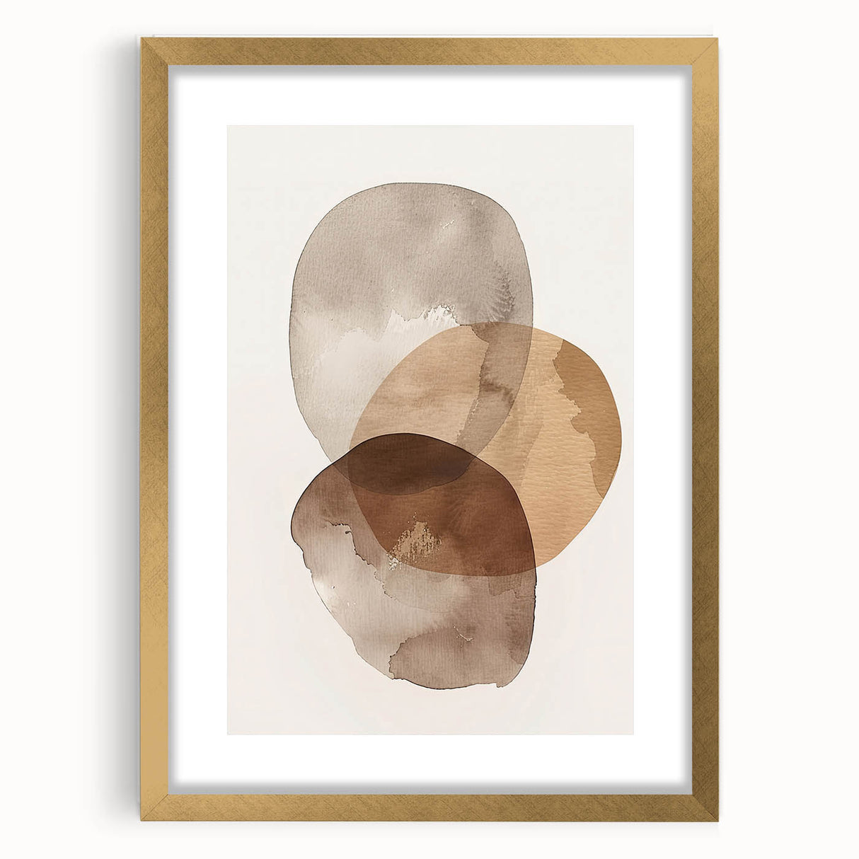 Minimalist abstract wall art framed in gold with a white mat, showcasing geometric shapes and soft color tones, perfect for modern home decor.