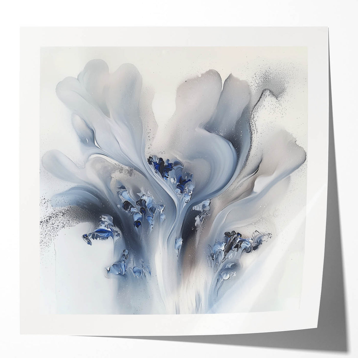 Vibrant abstract floral artwork print mockup showcasing glossy textures and rich colors, ideal for home decor or gallery displays, emphasizing modern design aesthetics.