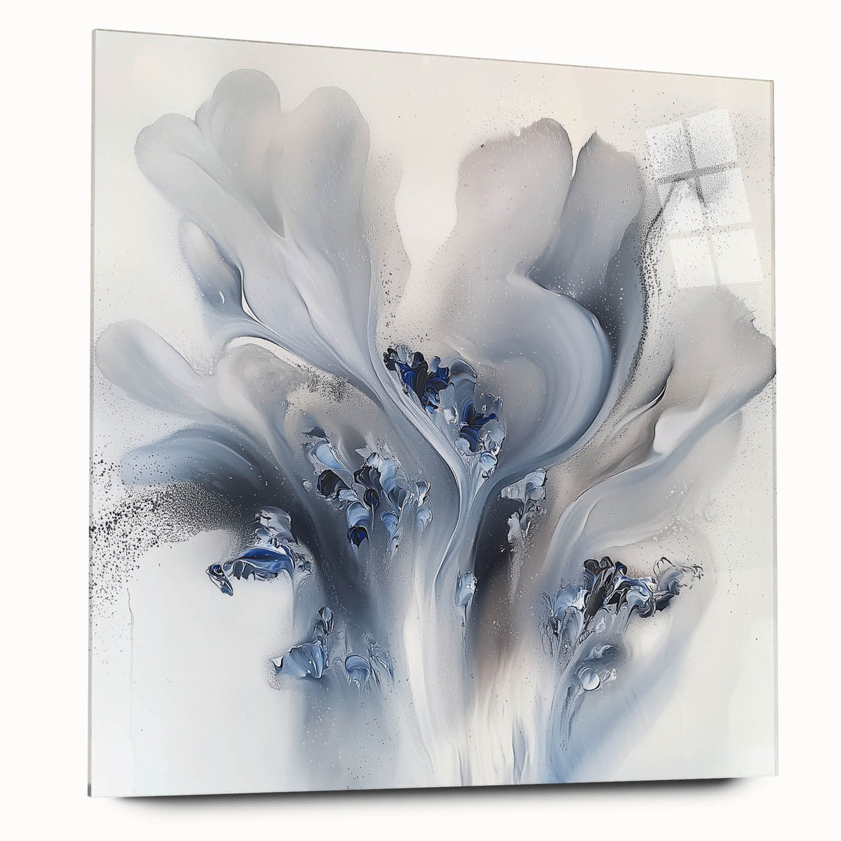 Abstract floral acrylic artwork displayed on a glass panel, showcasing vibrant colors and intricate patterns, ideal for modern home decor. Side view reveals a sleek design without visible pins, emphasizing elegance and style.