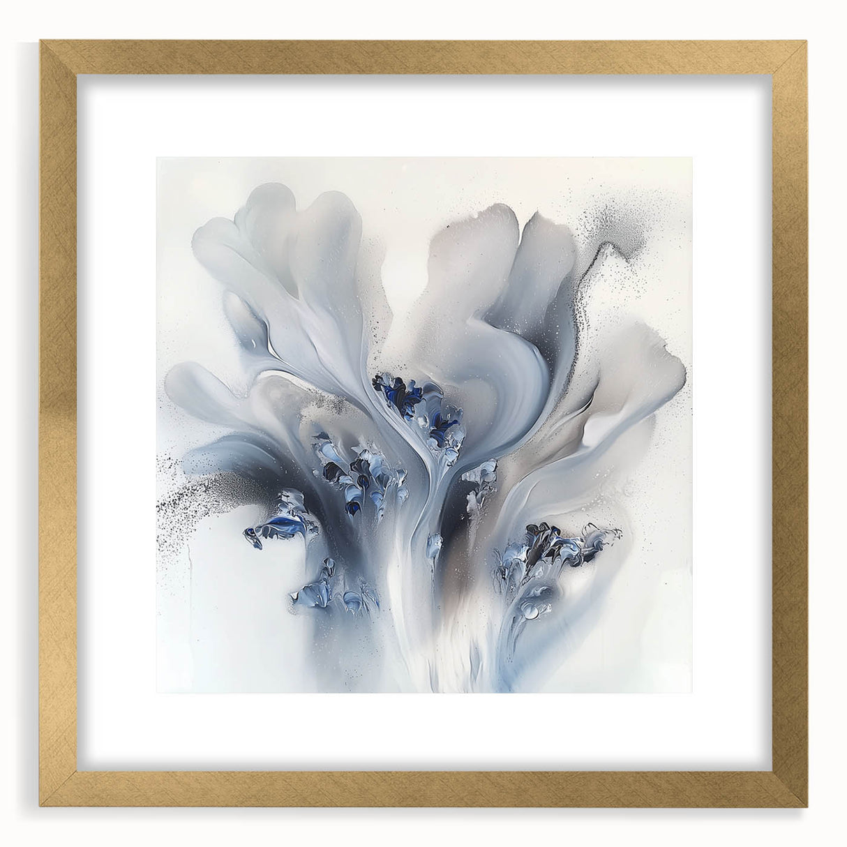 Abstract floral frame with a gold mat, showcasing intricate botanical patterns and vibrant colors, ideal for modern home decor and art enthusiasts.