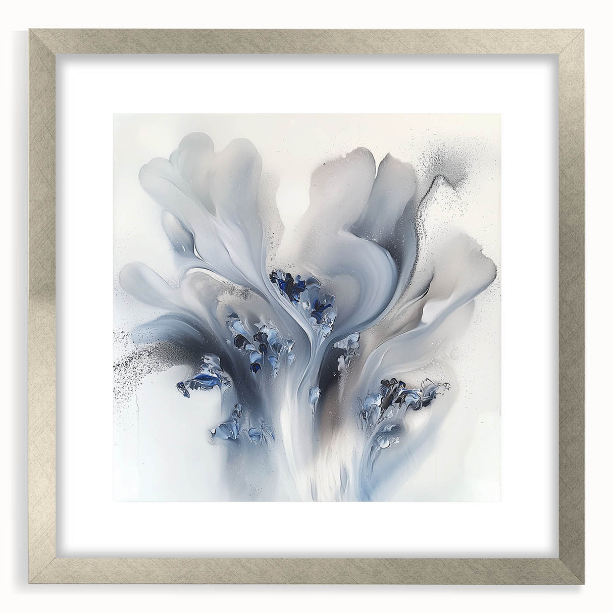 Abstract floral artwork framed in silver with a matte finish, showcasing vibrant colors and intricate patterns, ideal for modern home decor and artistic displays.