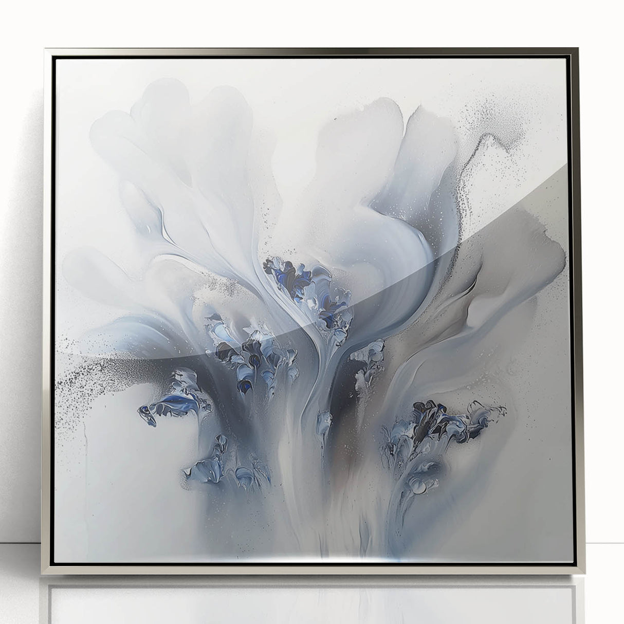 Framed acrylic artwork showcasing vibrant abstract florals in silver tones, adding a modern touch to any decor. Perfect for contemporary living spaces.