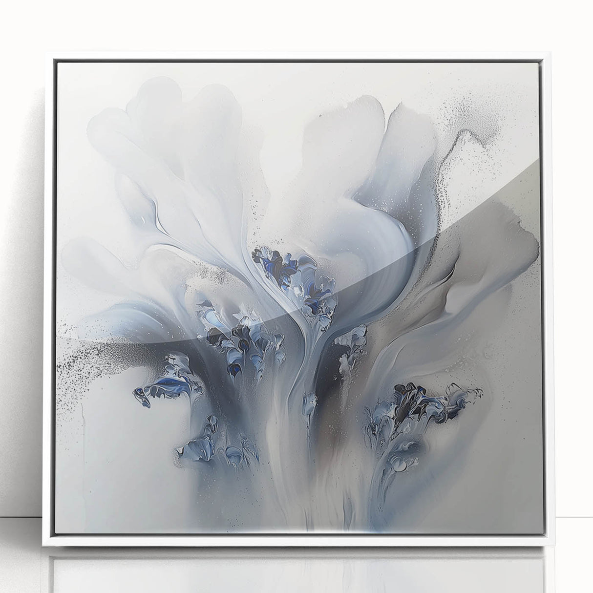 Framed acrylic wall art showcasing an abstract floral design with vibrant colors, set against a sleek white background, perfect for modern home decor.