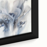 Close-up view of a vibrant abstract floral design on a framed canvas, showcasing intricate brushstrokes and a colorful palette, perfect for home decor.