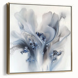 Framed canvas artwork showcasing an abstract floral design in silver and gold tones, perfect for adding elegance to home decor. The piece features intricate details and a modern aesthetic that enhances any interior space.