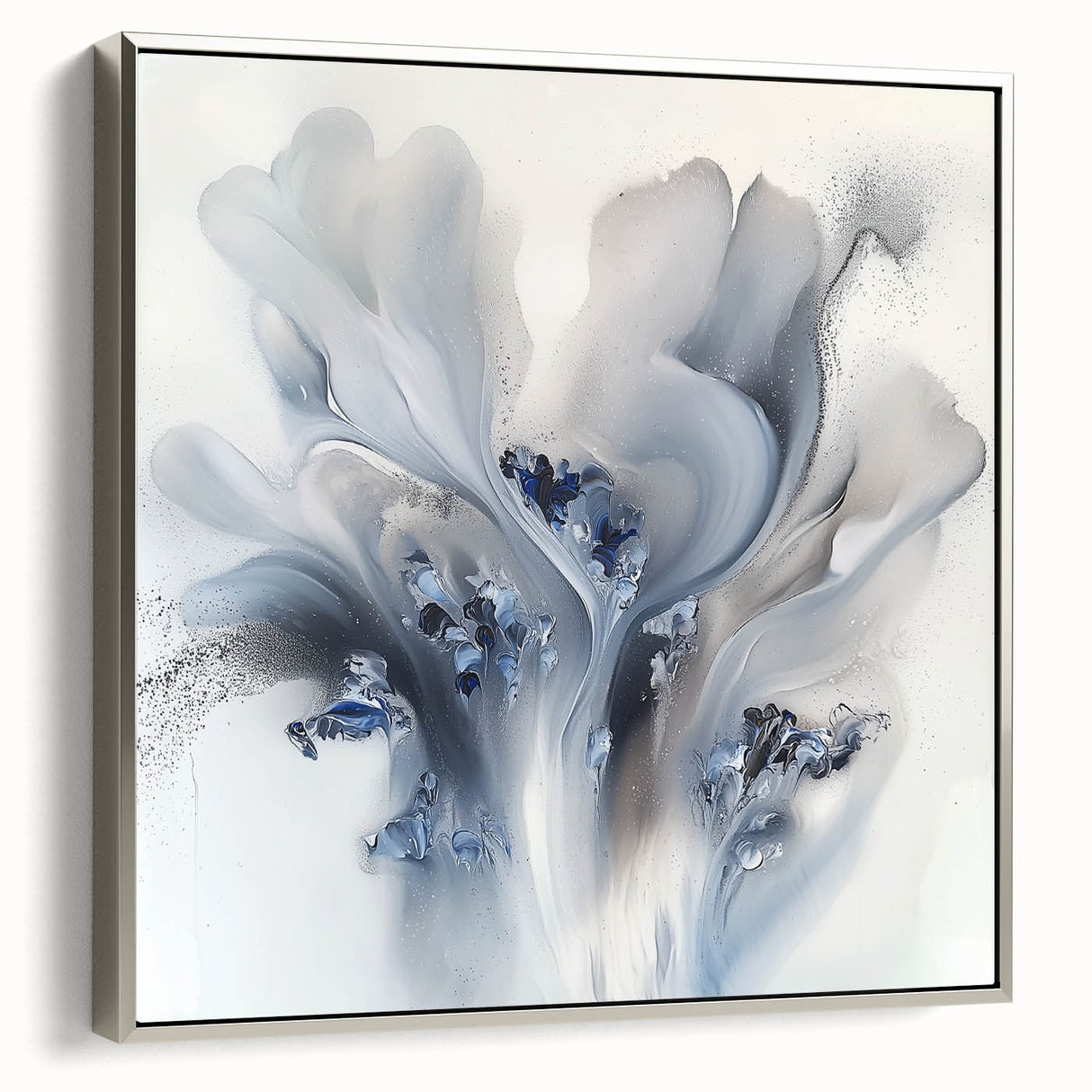 Framed abstract floral canvas artwork with a silver frame, showcasing vibrant colors and elegant design, perfect for modern home decor or office settings.