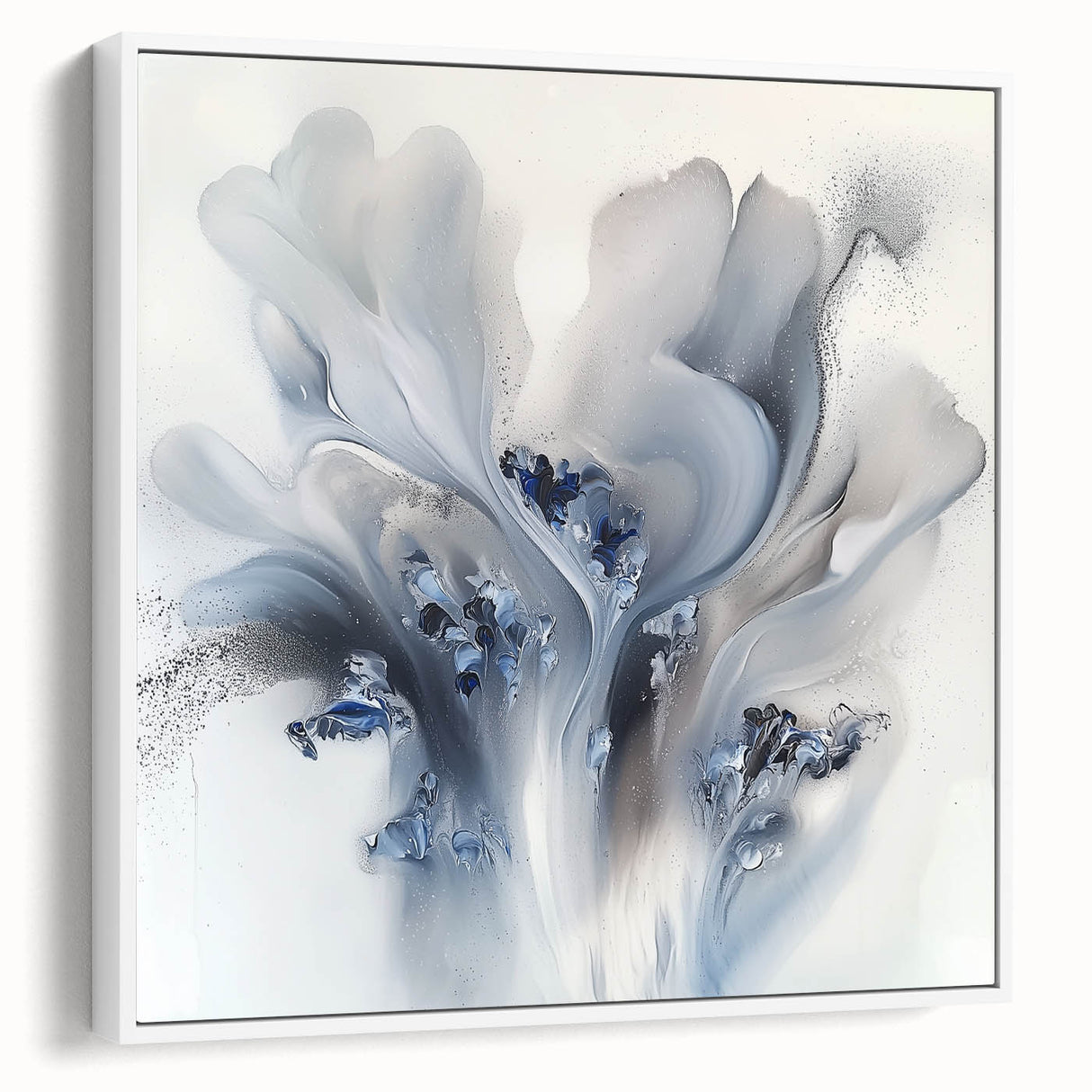 Framed canvas artwork showcasing abstract floral designs in vibrant colors, displayed in a white frame with a side view perspective, ideal for modern decor.